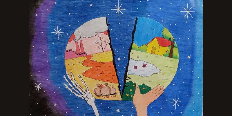 A child's drawing of a pair of hands holding up the earth. 